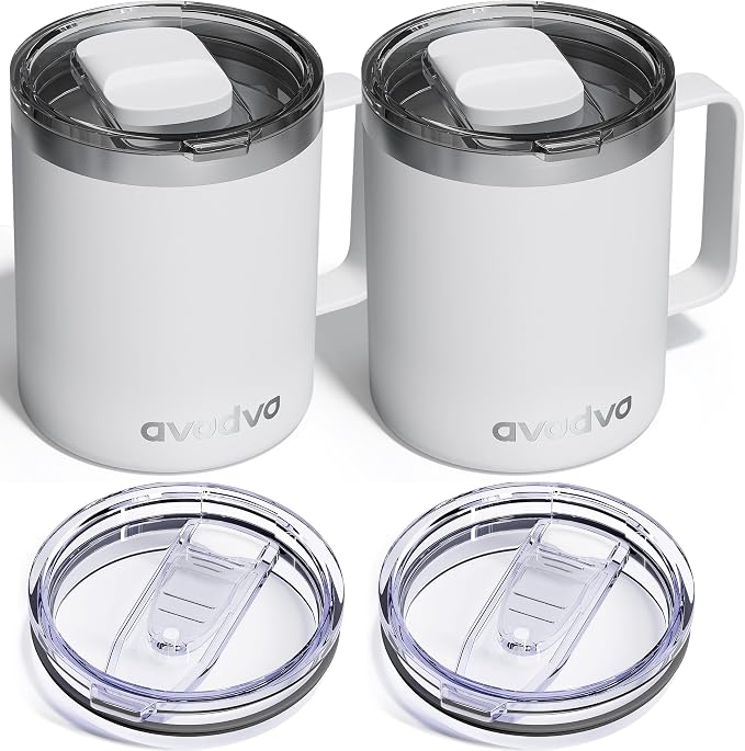 2 Pack 12oz Insulated Coffee Mug with Lids – Double Wall Stainless Steel Travel Cups with Handle, Keep Hot & Cold Drinks, Ideal Gift for Coffee Lovers, Home, Office & Camping, White by avodvo