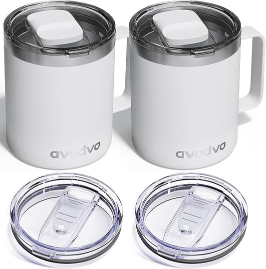2 Pack 12oz Insulated Coffee Mug with Lids – Double Wall Stainless Steel Travel Cups with Handle, Keep Hot & Cold Drinks, Ideal Gift for Coffee Lovers, Home, Office & Camping, White by avodvo