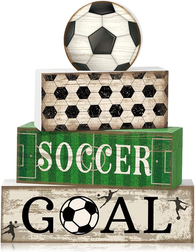 Moucuny 4 Pcs Soccer Party Decorations Soccer Table Centerpiece Football Tiered Tray Decor Wooden Ball Block Signs Gift Sports Themed Table Decorations for Boys Baby Shower Party Supplies Decor by Moucuny