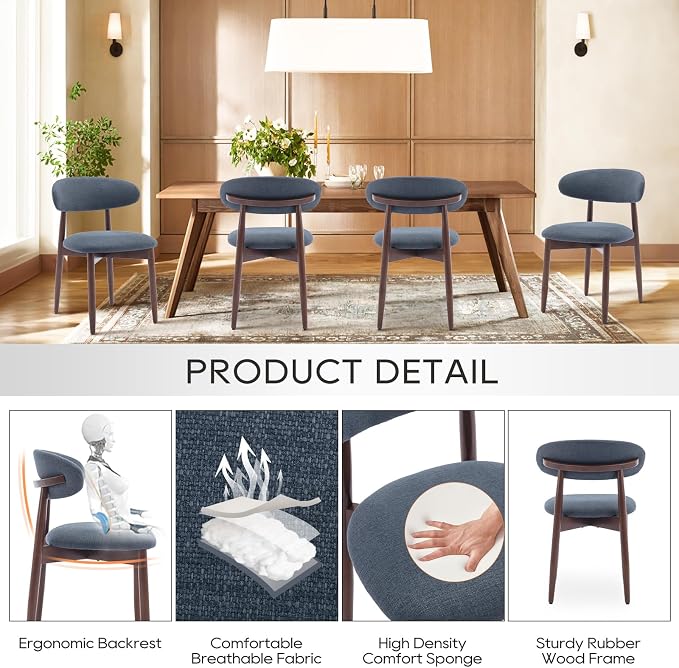 COLAMY Wooden Dining Chairs Set of 2, Modern Fabric Upholstered Dining Room Chair, Farmhouse Kitchen Side Chairs with Foot Pegs, Blue - Image 5
