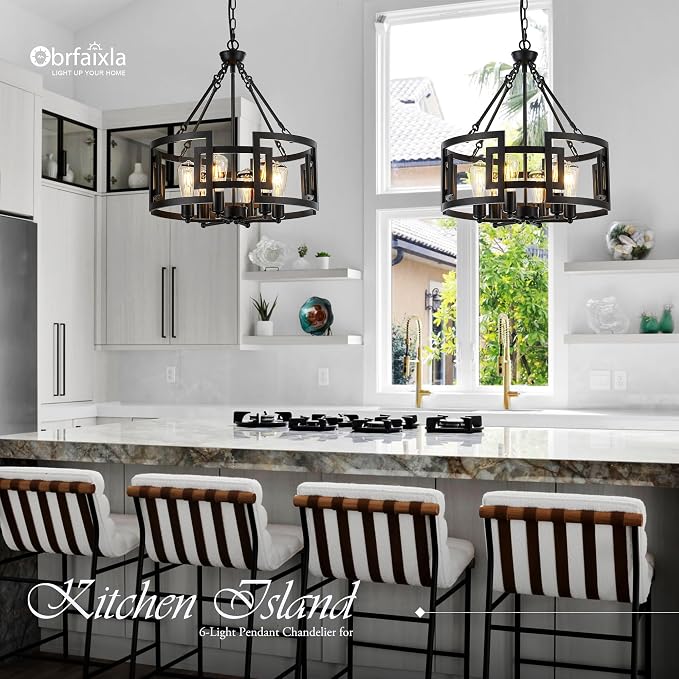 Modern 19.7" Black Chandelier for Dining Room Industrial Vintage Semi Flush Mount 6-Light Round Pendant Ceiling Light Fixture for Kitchen Bedroom Living Room Hallway Entryway Foyer - Image 4