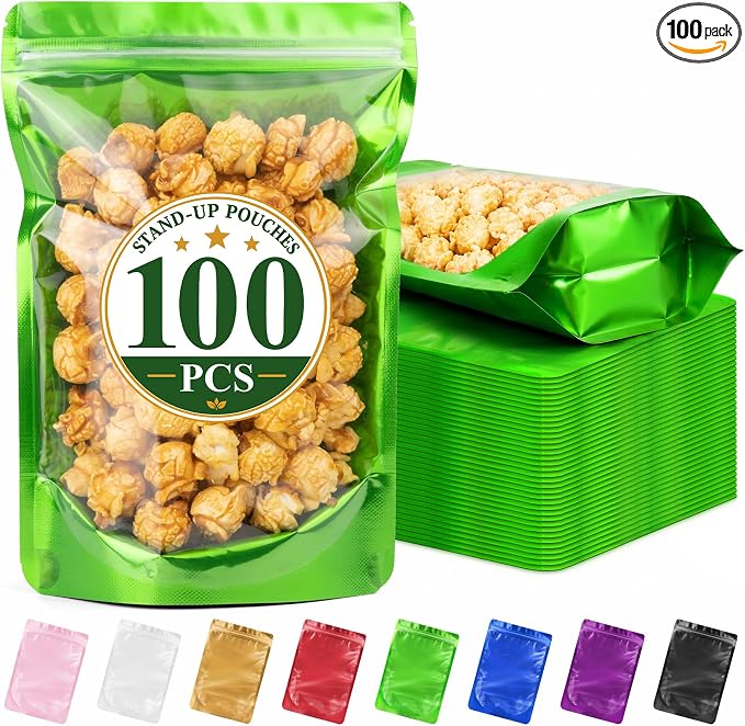 ANZNKU 100PCS Mylar Bags Resealable Large Smell Proof Bags(Green, 7.1x10.2) | Stand Up Foil Pouches Clear Window, Sealable Bags for Small Business Packaging Snack Party Favors Candy Treats Food Storage by ANZNKU