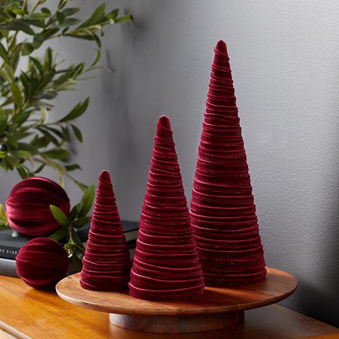 Your Heart's Content Set of 3 Burgundy Velvet Trees, Luxurious Handcrafted Home Decor, Valentine Tabletop Tree, Bookshelf Office, Winter Mantel Accents, Elegant Charm Gift for (Burgundy) - Image 2