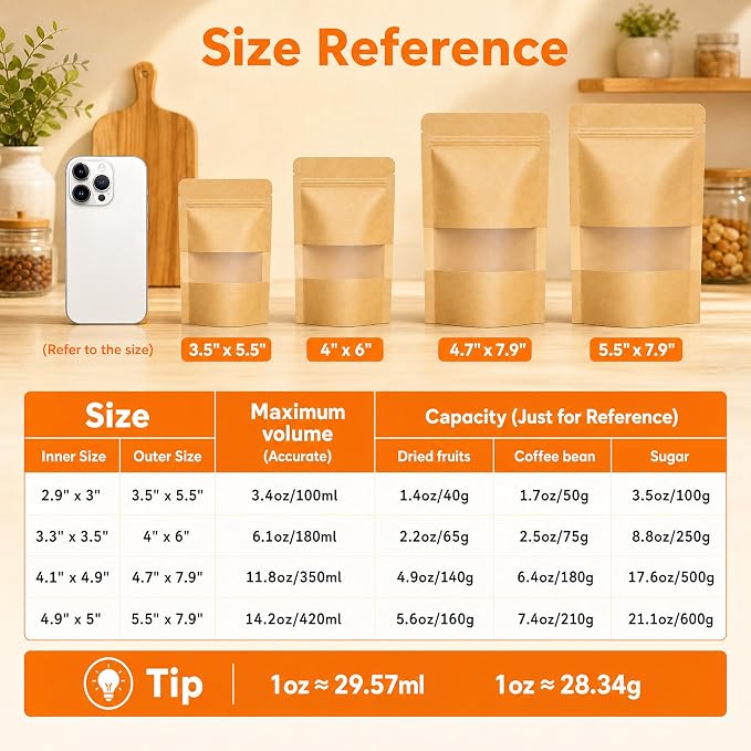 100 Pcs Kraft Paper Bags with Window, 4.7" x 7.9" Stand Up Pouches Bags, Food Storage Bags for Packaging Products, Reusable, Sealable - Image 3