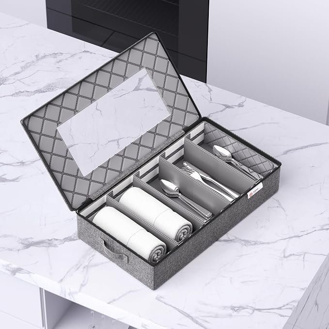 Silverware Storage Box,Hard Shell Flatware Organizer with Lid and Zipper,Utensil Storage with Clear Window and adjustable Divider for Spoons,Forks.Knives,Grey - Image 5