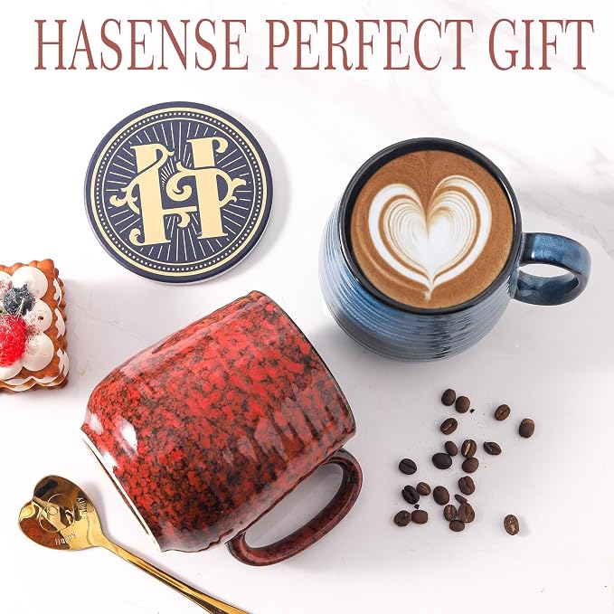 HASENSE Ceramic Coffee Mug Set of 2, 20 Oz Tea Cups for Women and Men, Handmade Large Latte Mugs with Handle, Gift Box with Coaster & Gold Spoon, Perfect for Christmas Thanksgiving, Blue & Red - Image 6