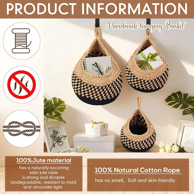 Honeydak Boho Decor Hanging Wall Baskets for Kitchen 3 Pack Teardrop Baskets with Hooks Storage Fruit Onion Vegetable Potato for Home 3 Sizes(Linen with Black,Teardrop,Cotton Rope) - Image 3