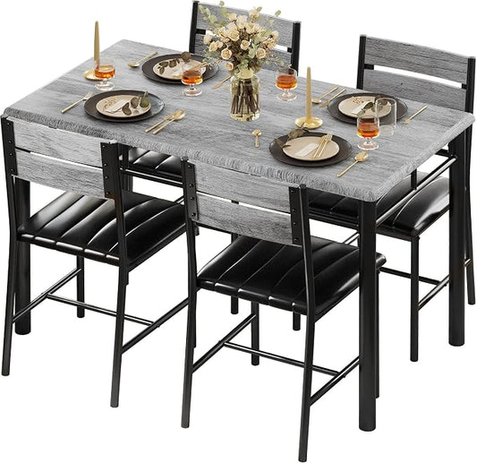 IRONCK Dining Table Set for 4, Grey | Wood Kitchen Table with Upholstered Chairs for Kitchen Room and Small Spaces by IRONCK