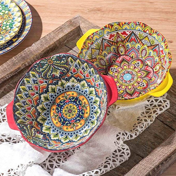 Henten Home Bohemia Large Bowls with Handle, 49 oz Ceramic Soup Bowl Set of 2, Porcelain Pho Bowl, Floral Noodle Bowls Set for Kitchen, Ramen, Udon, Microwave & Dishwasher Safe - Image 4