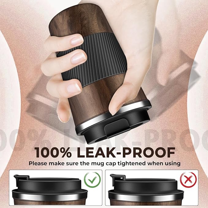 Insulated Coffee Tumbler 12 oz, Stainless Steel Coffee Mug with Lids, Travel Coffee Mug Leak Proof, Double Wall Vacuum Insulated Reusable Coffee Cup, Keep Drinks Hot and Cold (Wood, 12 Ounces) - Image 3
