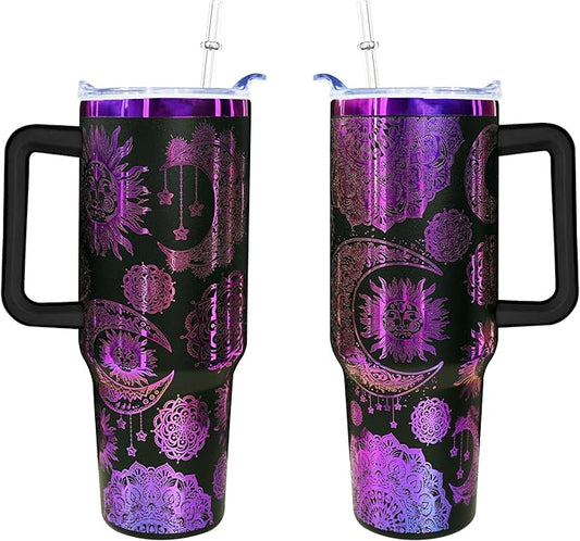 40 oz Bohemia Laser Engraving Tumbler With Handle With Lid Straw Double Insulated Travel Coffee Cup Boho Travel Accessories Must Have Gifts For Women