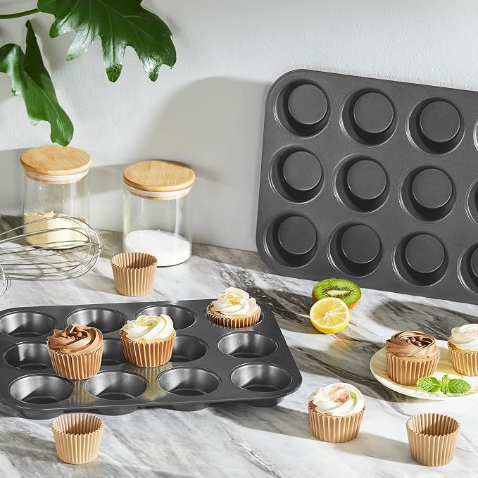 Muffin Pans with 120 Natural Parchment Liners, Nonstick Cupcake Baking Tray for Oven, Premium Standard Size, 12 Cup, 2 Pack, Dark Grey - Image 4