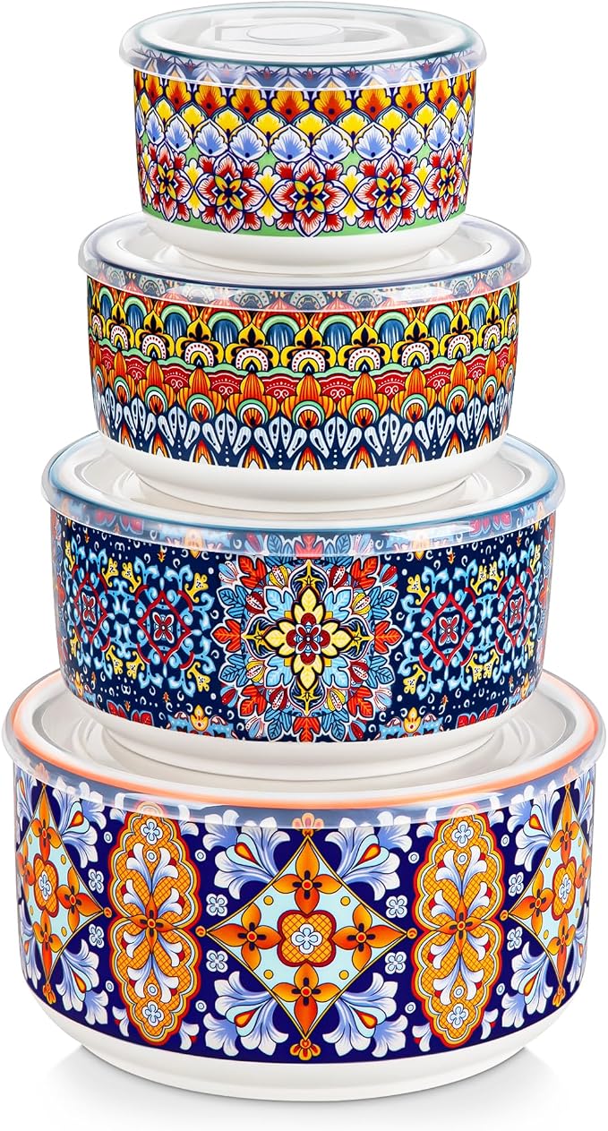 vancasso SIMI Serving Bowls with Lids, Ceramic Mixing Bowls Set of 4, Boho | Nesting Bowls for Food Storage, Prep, Stackable Bohemian Bowls, Dishwasher & Microwave Safe Gift Set, 60/36/20/10 OZ by vancasso