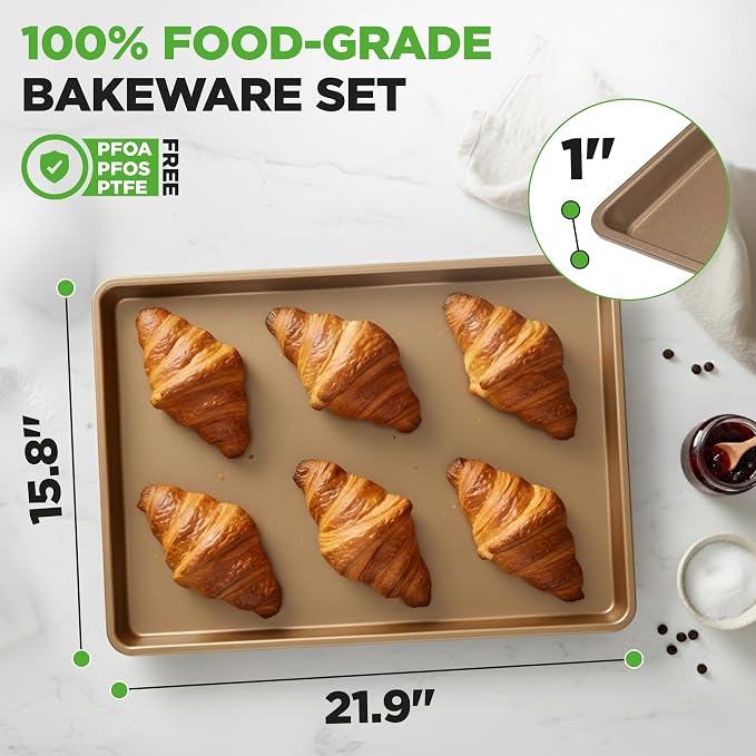 NutriChef Nonstick XL Cookie Sheet Baking Pan - Extra Large 22" x 16" Carbon Steel Oven Baking Sheet for Pastries, Desserts, & More - Dishwasher Safe, Gold - Image 5