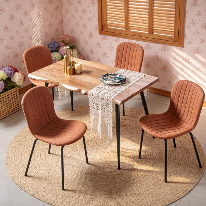 Rectangle Dining Table Set for 4 with Brown PU Leather Chairs | 5-Piece Mid-Century Modern Set, Irregular MDF Table, Wood Grain, Space-Saving for Small Spaces, Dining Rooms, Easy Clean - Image 6