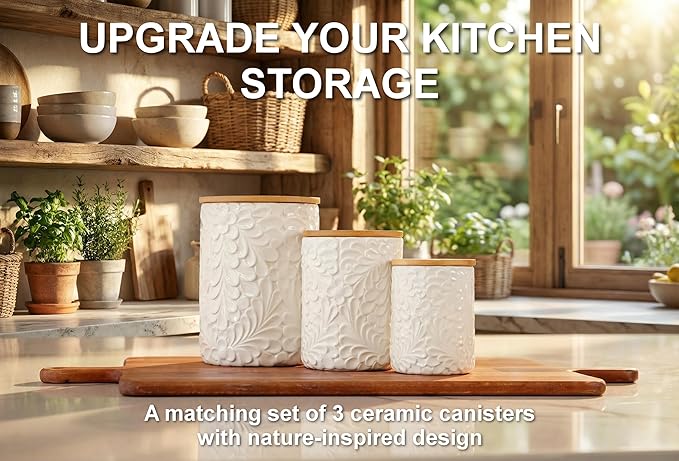 Engraved Design Kitchen Canisters Set of 3 with 74 Oz, 36 Oz, and 18 Oz - White Storage Jars for Countertop with Airtight Bamboo Lids - Large Flour Tea Coffee Sugar Spices Container - Decorative - Image 2