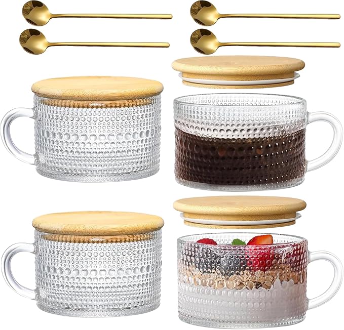 14 Oz Vintage Coffee Mugs Glassware Set of 4 Clear Embossed Tea Cups With Bamboo Lids and Spoons, Hobnail Glass Coffee Mugs Gifts for Women, Overnight Oats