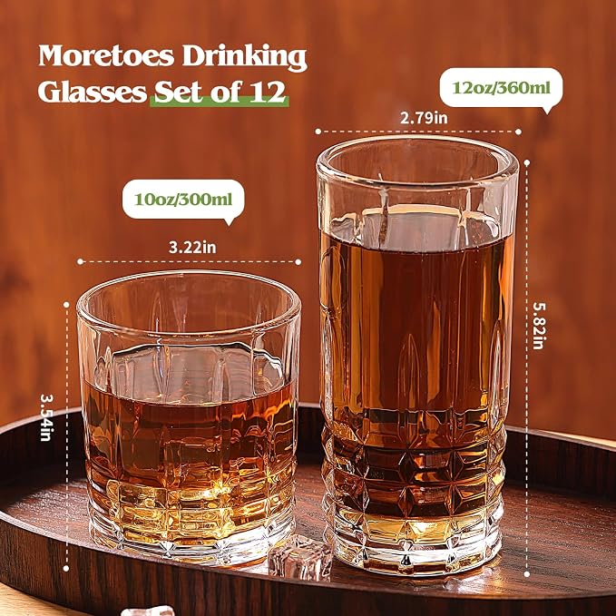 Moretoes Drinking Glasses Set of 12,Mixed Drink Cocktail Glass | 6 Highball Glasses 12 Oz,6 Rocks Glasses 10 Oz Vintage Glassware Sets for Whiskey, Cocktails, Water & Juice - Image 3