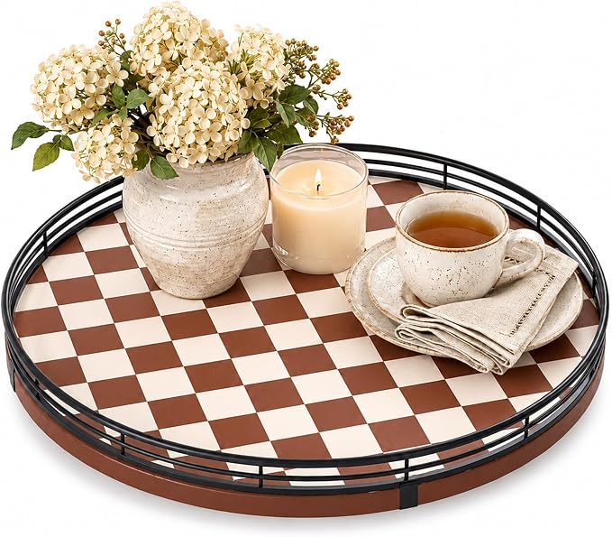 AMH 13-Inch Brown White Checkerboard Lazy Susan with Black Metal Rail | Smooth rotating oak tray with walnut finish for dining tables, kitchen counters, pantries and cabinet storage. by AMH