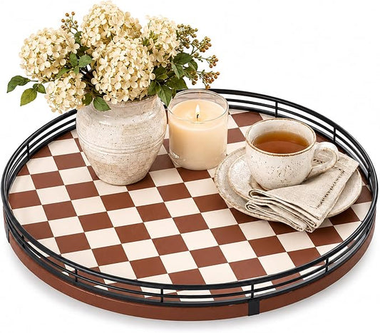 AMH 13-Inch Brown White Checkerboard Lazy Susan with Black Metal Rail | Smooth rotating oak tray with walnut finish for dining tables, kitchen counters, pantries and cabinet storage. by AMH