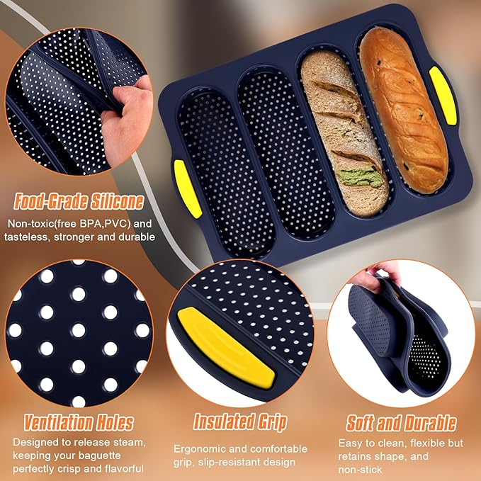 2 Pcs Silicone Bread Loaf Pan, Non-Stick Baguette Bread Pan Food Grade, 4-Cavity Perforated French Baking Mold for Homemade Bread, French Baguette, Sandwich Rolls