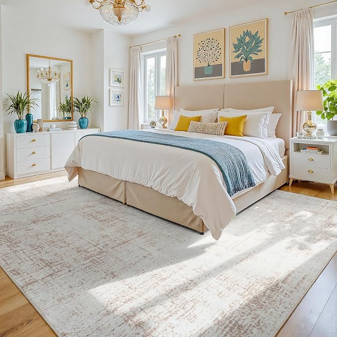 9x12 Washable Area Rug for Living Room Bedroom: Non-Slip Modern Beige White | Machine Washable TPR Backing, Stain-Resistant Low Pile, Pet & Kid Friendly, Abstract Decor for Dining Room, Dorm, Home Office - Image 2