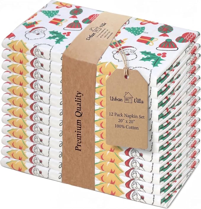 Urban Villa Cloth Napkins Cotton 20x20 (Set of 12) Xmas Print by CottonTrends