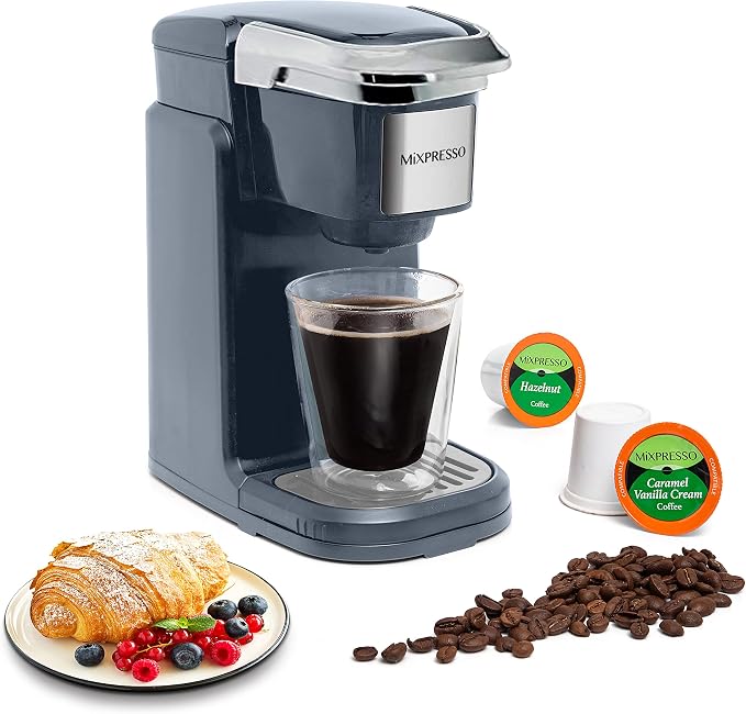 Mixpresso Single Serve Coffee Maker K Cup Coffee Maker for K Pods & Grounds | Compact 800W Gray Coffee Machine with 12 Oz Water Tank, Fast Brew & Auto Shut-Off, Small Design for Travel, Office, RV & Dorm by Mixpresso