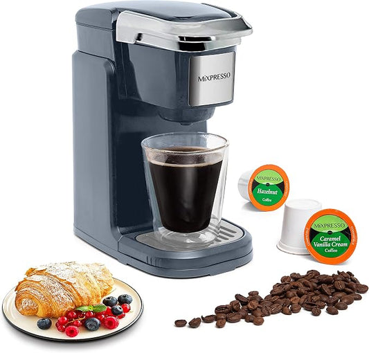 Mixpresso Single Serve Coffee Maker K Cup Coffee Maker for K Pods & Grounds | Compact 800W Gray Coffee Machine with 12 Oz Water Tank, Fast Brew & Auto Shut-Off, Small Design for Travel, Office, RV & Dorm by Mixpresso