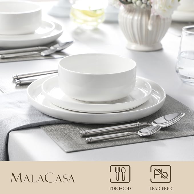 MALACASA Plates and Bowls Sets, 24 Pieces Modern Porcelain Dinnerware Set for 8, Ceramic Dishware Dishes White Kitchen Dinner Dining Ware Set, Microwave and Dishwasher Safe, Series LUNA | Modern Ceramic Dishware,Kitchen Dining Ware,Microwave and Dishwa... - Image 3