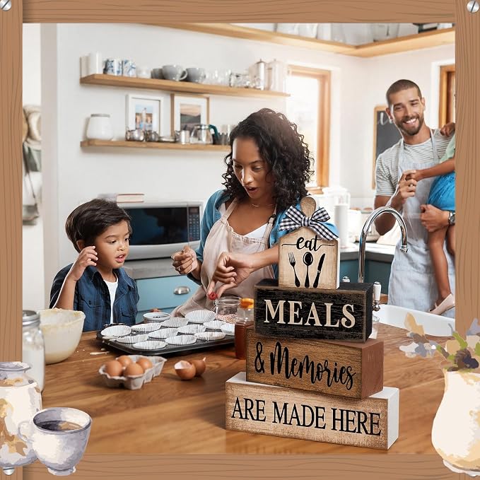 Moucuny 4 Pcs Farmhouse Kitchen Decor Wooden Plate Farmhouse Table Decor Black Brown and White Tableware Centerpiece Rustic Decorative Plates Stacked Block Sign for Display Cabinet Kitchen Decoration - Image 4