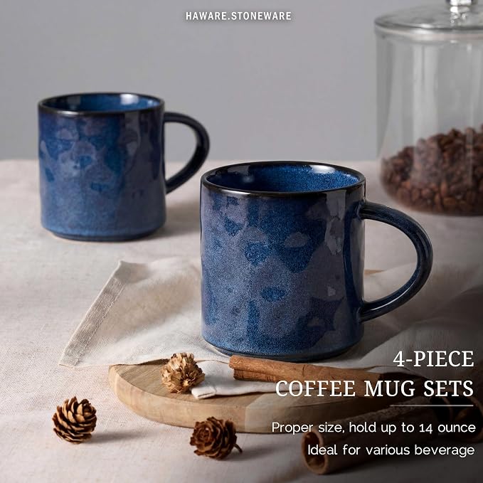 HaWare Coffee Mugs Set of 4, 14 Ounce, Starry Blue | Stoneware Latte Cups With Handle, For Man, Woman, Dad, Mom, Drinking Cups for Cappuccino/Cocoa/Milk - Image 3