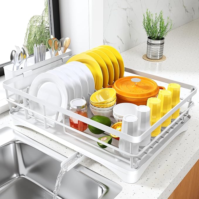 SNTD Dish Drying Rack for Kitchen Counter, 11.8" W x 16.7" L, White | Rustproof Stainless Steel, Large Capacity, Self-Draining Drainboard, Rotating Spout, Removable Utensil Holder by SNTD