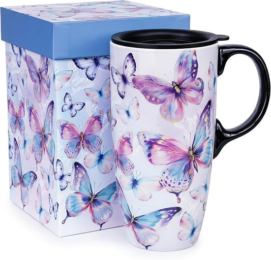 Topadorn 17oz Ceramic Travel Mug with Lid, Coffee Cup with Gift Box | Watercolor Butterfly Coffee Mug with Handle, Microwave & Dishwasher Safe, Gift Box Included by Topadorn