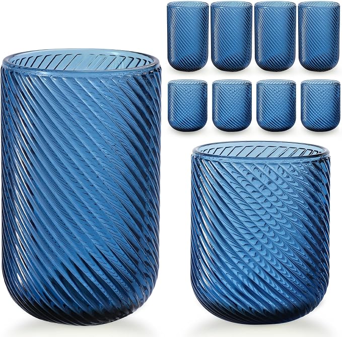 Set of 8 Ribbed Glassware,4 Highball Glasses 14oz & 4 Rocks Drinking Glasses 9oz, Origami Style, Fluted Design, for Milk, Water, Cocktail, Juice, Beer, ToothBrush Cup, Gif (Leaning Blue) by WeirdUncle
