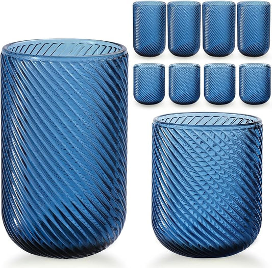 Set of 8 Ribbed Glassware,4 Highball Glasses 14oz & 4 Rocks Drinking Glasses 9oz, Origami Style, Fluted Design, for Milk, Water, Cocktail, Juice, Beer, ToothBrush Cup, Gif (Leaning Blue) by WeirdUncle