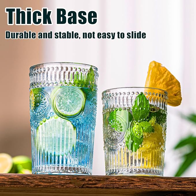 Vintage Drinking Glasses Set of 12, Textured Clear Striped Glass Cups-6 Highball Glasses 13oz & 6 Rocks Glasses 10oz, Ribbed Glassware Set, Mojito Cups, Cocktail Glass, Iced Coffee Cup - Image 3