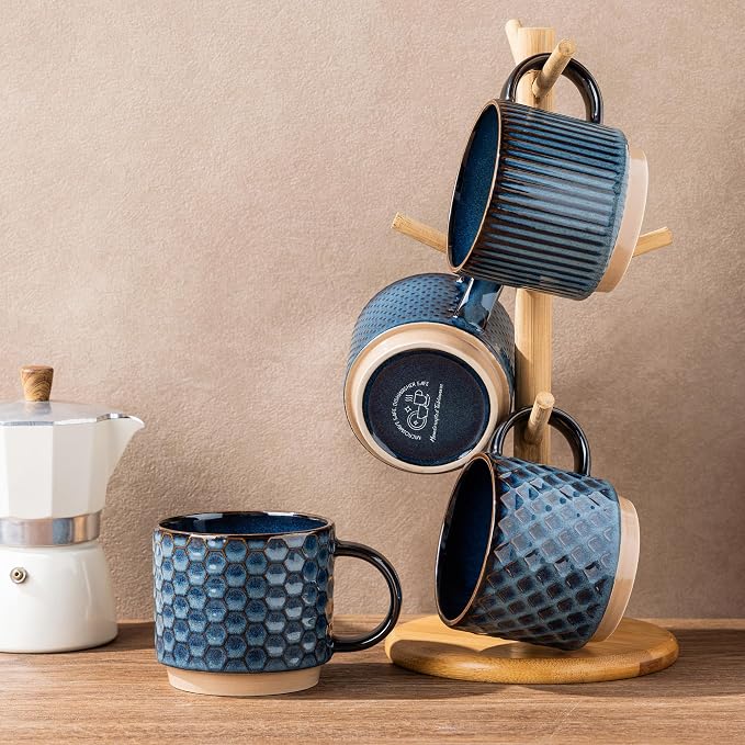 GBhome 6 OZ Stackable Coffee Mugs Set of 4, Ceramic Coffee Cups Set | 4 Assorted Designs, Embossed Mugs with Texture Patterns for Espresso/Tea, Dishwasher&Microwave Safe, Deep Sea - Image 8