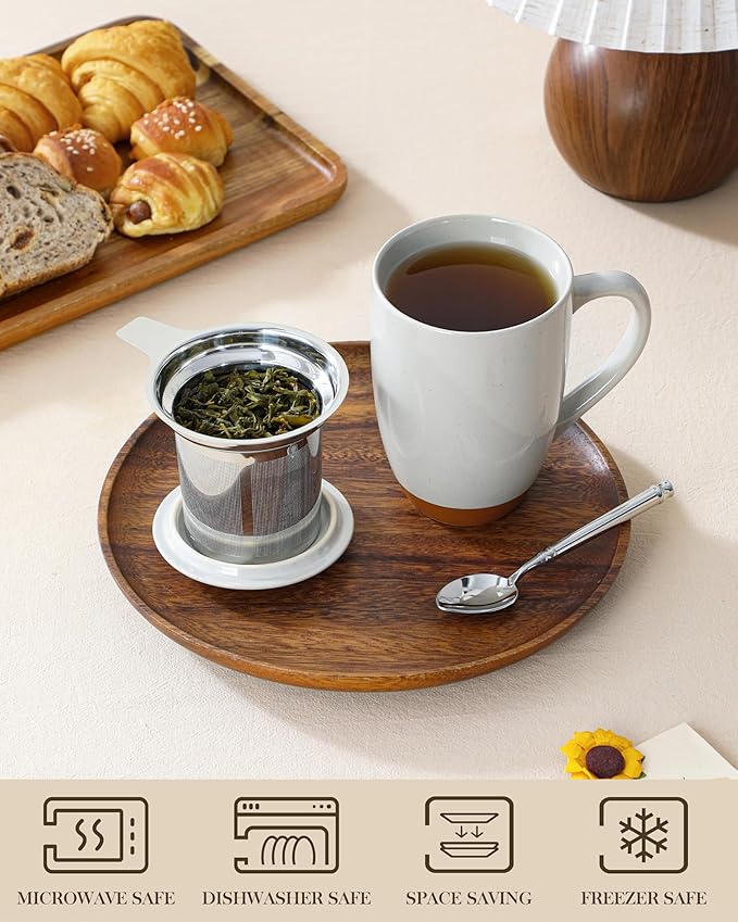 MALACASA Ceramic Tea Mug with Lid and Stainless Steel Infuser, 18 oz Large Tea Cup for Loose Leaf Tea, Heat-Resistant, Microwave & Dishwasher Safe, Speckled Glaze Coffee & Tea Brewer Mug, Khaki Gray - Image 4