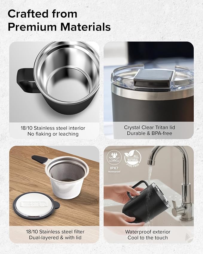 Nuwave Self-Heating Coffee Mug with Charging Base, 16oz, 45201BV02 | Heated Coffee Cup, 5Hr Cordless Runtime, LED Touch Controls, Adjustable Brew Settings, Includes Stainless Steel Filter - Image 5