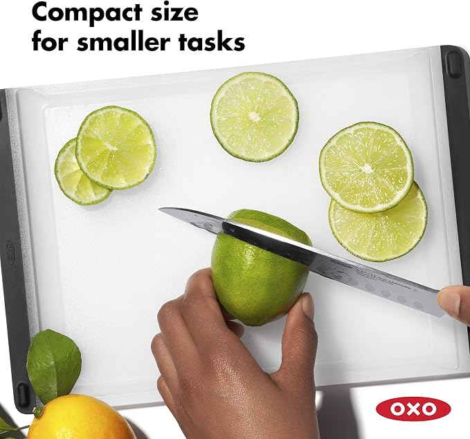 OXO Good Grips Plastic Prep Cutting Board | Compact size, double-sided surface, smooth edges for grabbing, drip catcher, non-slip feet - Image 3