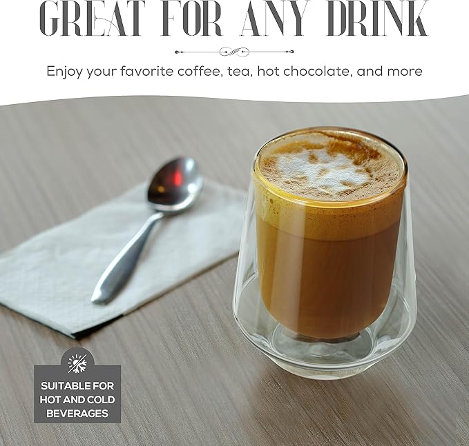 Elle Decor Double Wall Insulated Glasses - 8 oz Borosilicate Glass Sweat Free Mugs, Clear Drinkware for Hot/Cold Drinks, Coffee, Espresso, Cappuccino, Latte, 2- Piece Glass Cup Set