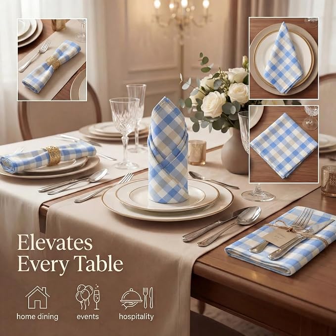 Urban Villa Cloth Napkins Cotton 20x20 (Set of 12) Blue Sand Checks - Image 2
