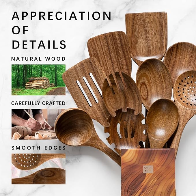 Wooden Spoons for Cooking, 10-Piece Acacia Wood Cooking Utensil Set | Spoons and spatulas stir, mix, flip and serve; balanced handles offer control while staying gentle on nonstick cookware. - Image 4