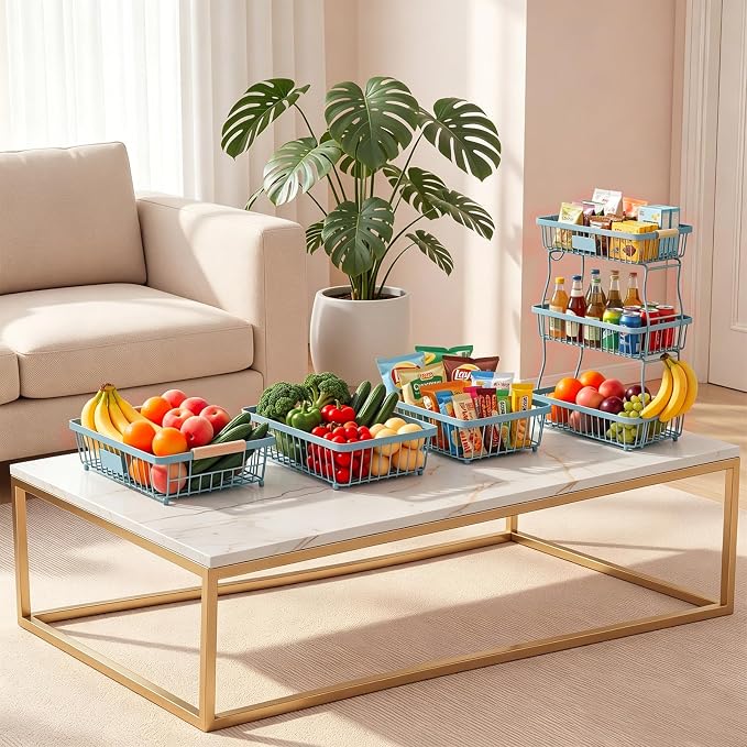 3 Tier Fruit Basket with 2 Banana Hangers, Mesh Basket Fruits Stand Produce Holder Organizer for Onion Potato Bread Snack Veggie Blue - Image 5