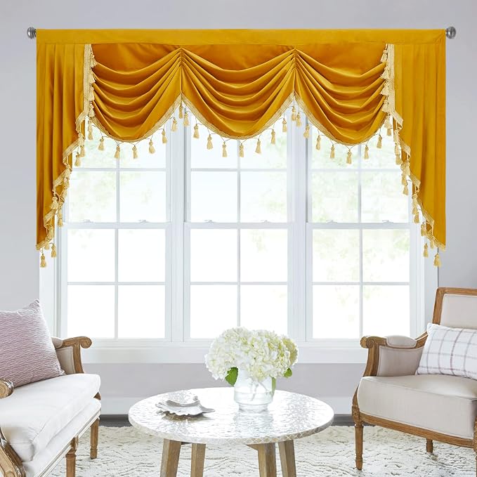 Warm Gold Velvet Curtain Valances W79 inches, 1 Panel | Fall Decor Waterfall Swag Curtains for Bedroom, Living Room, Privacy Window Drapes, Halloween Holiday Backdrop Curtains by StangH