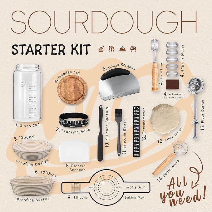 Sourdough Starter Kit,40oz Sourdough Starter Jar with Wooden Lid,2 Banneton Bread Proofing Baskets (9”Round & 10”Oval),Bread Making Supplies Tools,Sourdough Bread Baking Supplies,for Baking Beginners