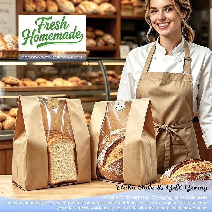 Extra Large Paper Bread Bags for Homemade Bread with Window & Sticker for XL Sourdough Breads, Round Loaf, Baked Goods, Oval Loaves, Brown Kraft - 20 Pcs 16x10x5 Inch - Image 6