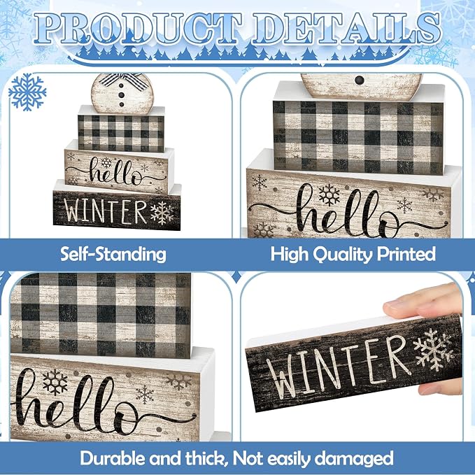 Moucuny 4 Pcs Snowman Christmas Decor Winter Table Decorations Christmas Tiered Tray Decor Winter Centerpiece Decorations Indoor Rustic Wooden Snowman Block Sign Gift Farmhouse for Home Kitchen Shelf - Image 6