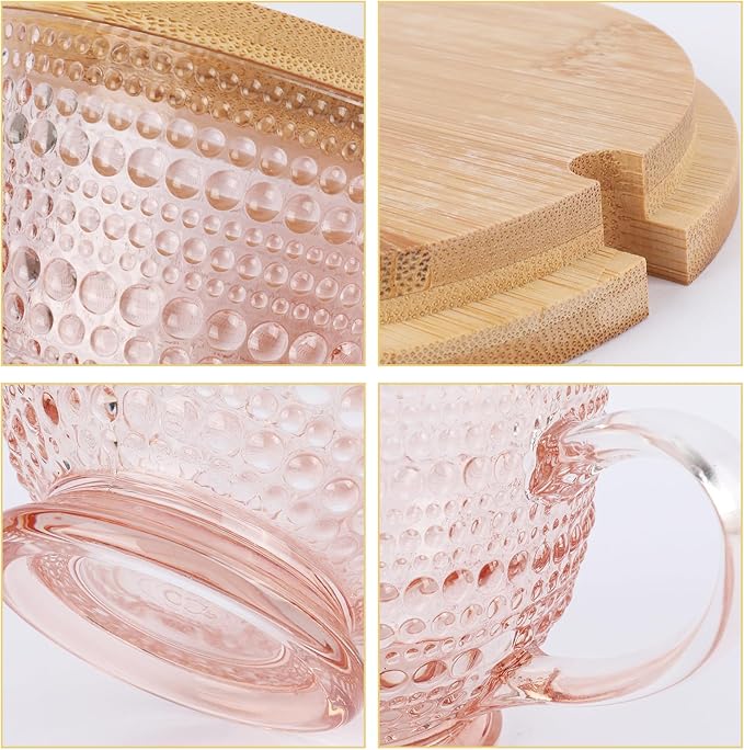 Pink Vintage Latte Mugs Set of 2, 16oz Large Pink Glass Embossed Coffee Mug Latte Tea Cup with Bamboo Lid and Spoons, Insulated Tea Cups Iced Water Ribbed Glasses Breakfast Cup Set Gift for Family